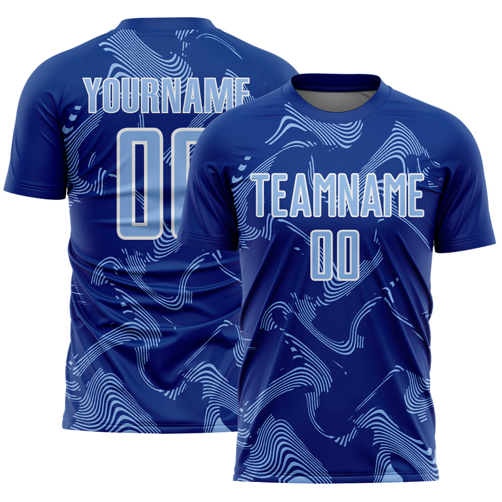 Custom Royal Light Blue-White Curve Lines Sports Sublimation Soccer Uniform Jersey