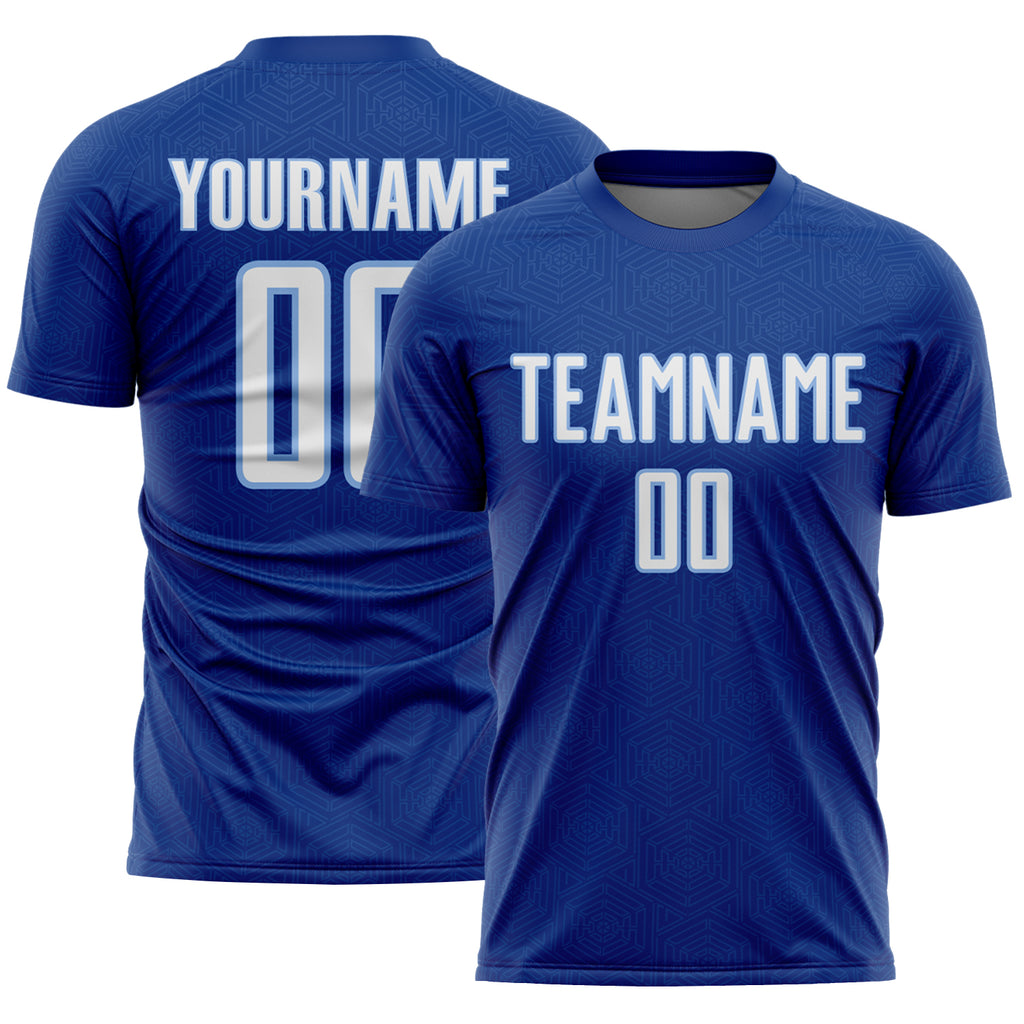 Custom Royal White-Light Blue Geometric Shape Sports Sublimation Soccer Uniform Jersey
