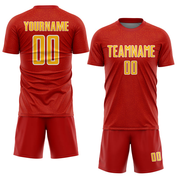 Custom Red Gold-White Geometric Shape Sports Sublimation Soccer Uniform Jersey