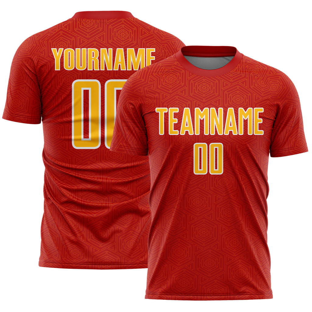 Custom Red Gold-White Geometric Shape Sports Sublimation Soccer Uniform Jersey