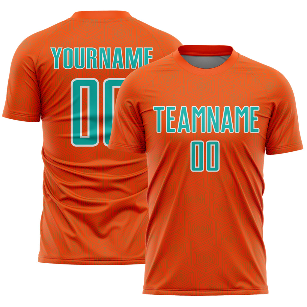 Custom Orange Aqua-White Geometric Shape Sports Sublimation Soccer Uniform Jersey