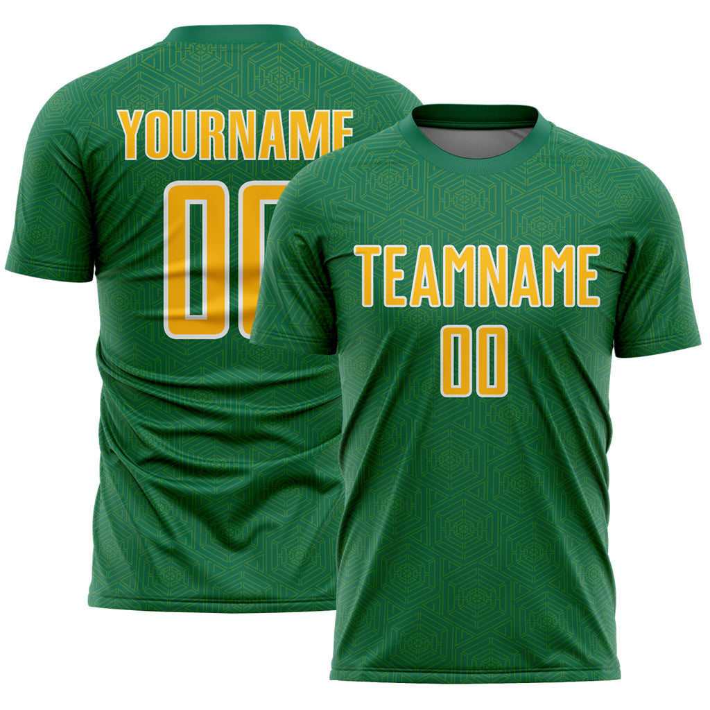 Custom Kelly Green Gold-White Geometric Shape Sports Sublimation Soccer Uniform Jersey