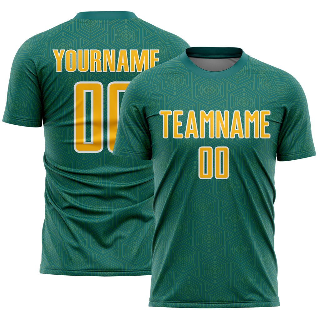 Custom Teal Gold-White Geometric Shape Sports Sublimation Soccer Uniform Jersey
