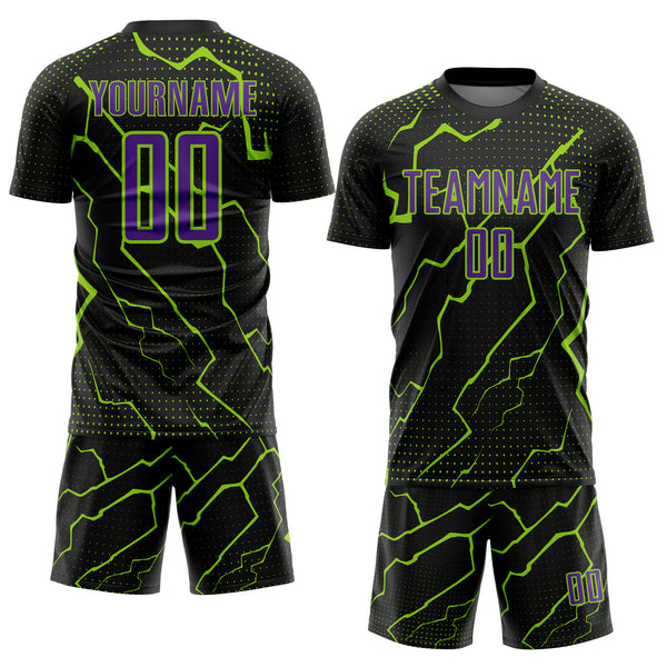 Custom Black Purple-Neon Green Lightning Sports Sublimation Soccer Uniform Jersey