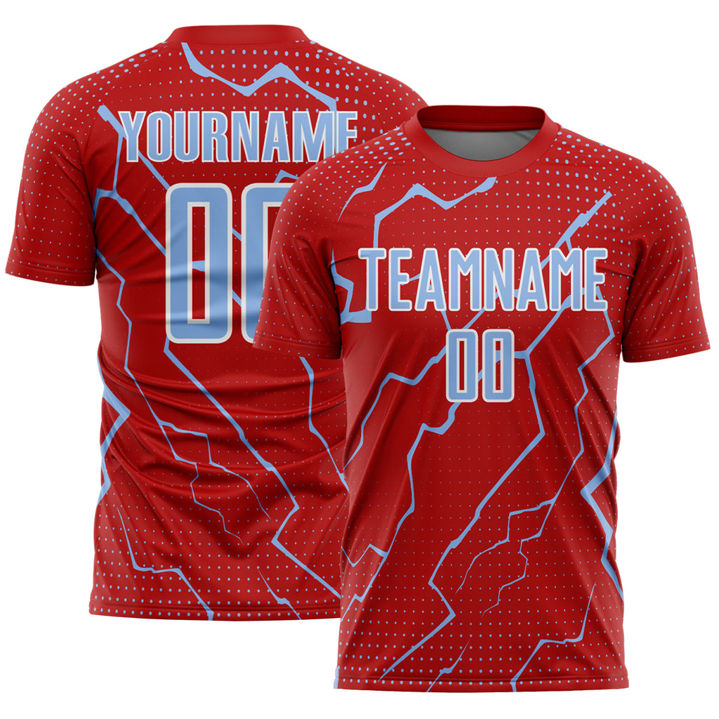 Custom Red Light Blue-White Lightning Sports Sublimation Soccer Uniform Jersey