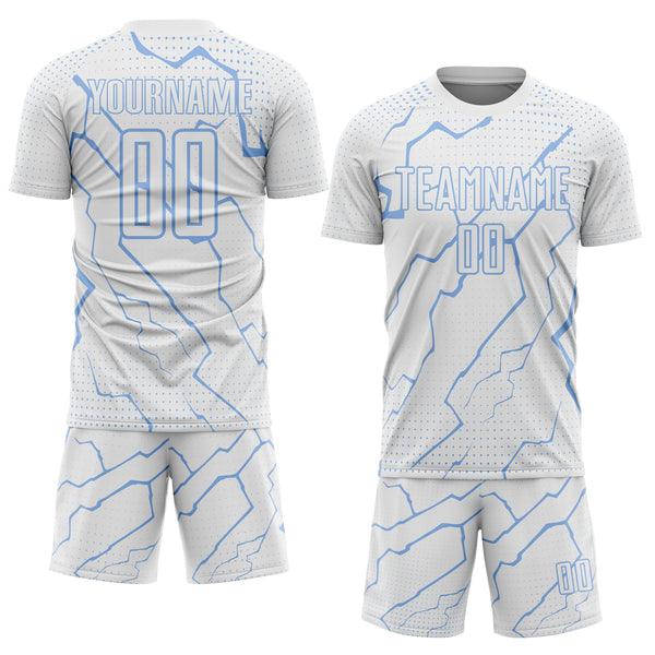 Custom White Light Blue Lightning Sports Sublimation Soccer Uniform Jersey