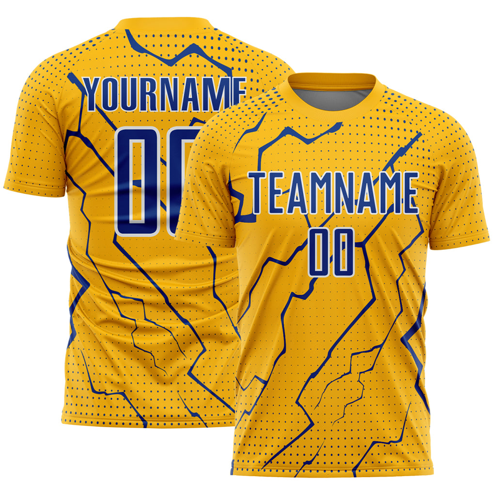Custom Gold Royal-White Lightning Sports Sublimation Soccer Uniform Jersey