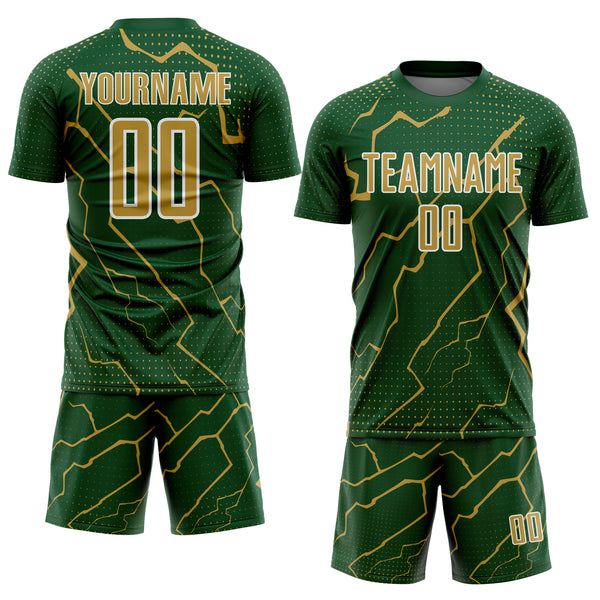 Custom Green Old Gold-White Lightning Sports Sublimation Soccer Uniform Jersey