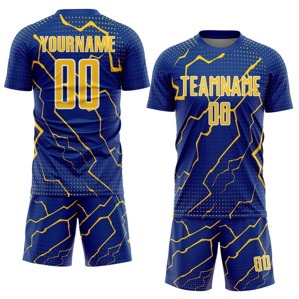 Custom Royal Yellow-White Lightning Sports Sublimation Soccer Uniform Jersey