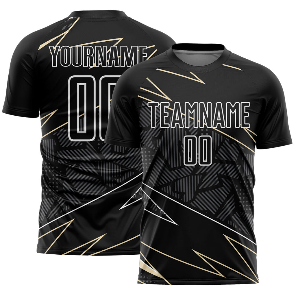 Custom Black Cream-White Lines Sports Sublimation Soccer Uniform Jersey