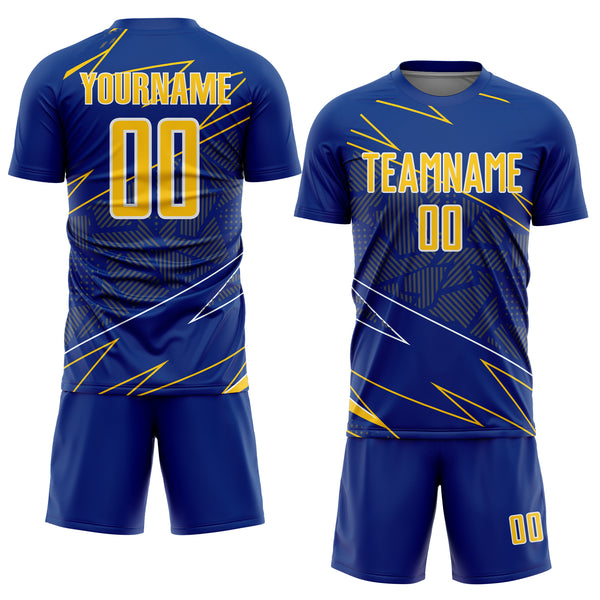 Custom Royal Yellow-White Lines Sports Sublimation Soccer Uniform Jersey
