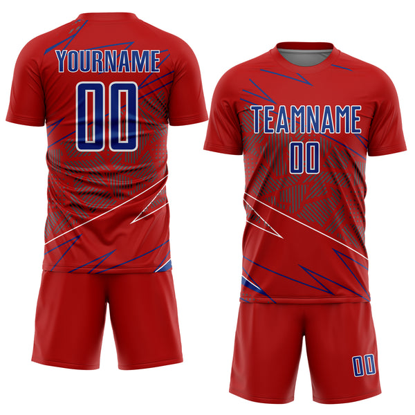 Custom Red Royal-White Lines Sports Sublimation Soccer Uniform Jersey