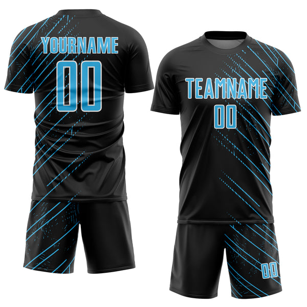 Custom Black Sky Blue-White Lines Sports Sublimation Soccer Uniform Jersey