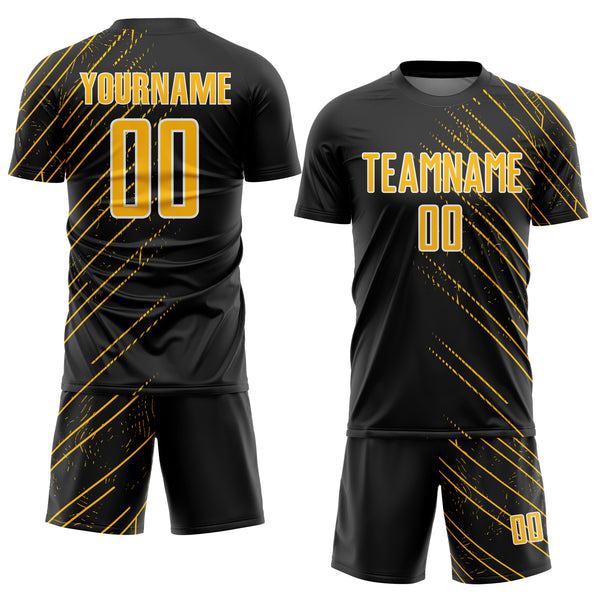 Custom Black Gold-White Lines Sports Sublimation Soccer Uniform Jersey