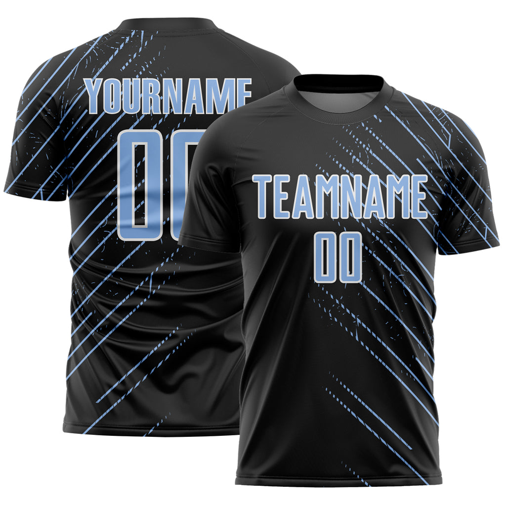 Custom Black Light Blue-White Lines Sports Sublimation Soccer Uniform Jersey