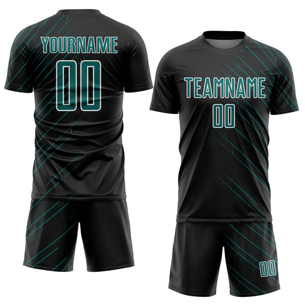Custom Black Teal-White Lines Sports Sublimation Soccer Uniform Jersey