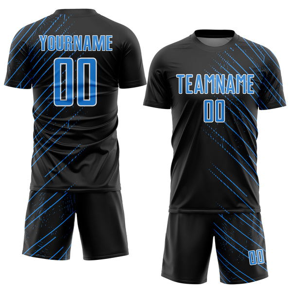 Custom Black Powder Blue-White Lines Sports Sublimation Soccer Uniform Jersey