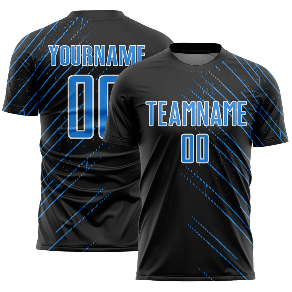 Custom Black Powder Blue-White Lines Sports Sublimation Soccer Uniform Jersey