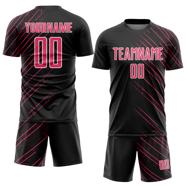 Custom Black Neon Pink-White Lines Sports Sublimation Soccer Uniform Jersey