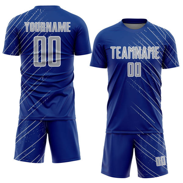 Custom Royal Gray-White Lines Sports Sublimation Soccer Uniform Jersey