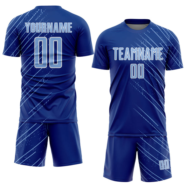 Custom Royal Light Blue-White Lines Sports Sublimation Soccer Uniform Jersey