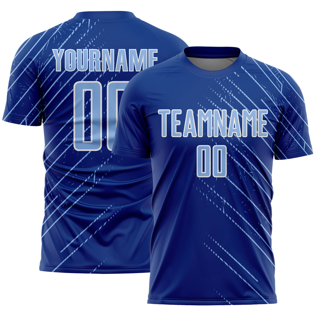 Custom Royal Light Blue-White Lines Sports Sublimation Soccer Uniform Jersey