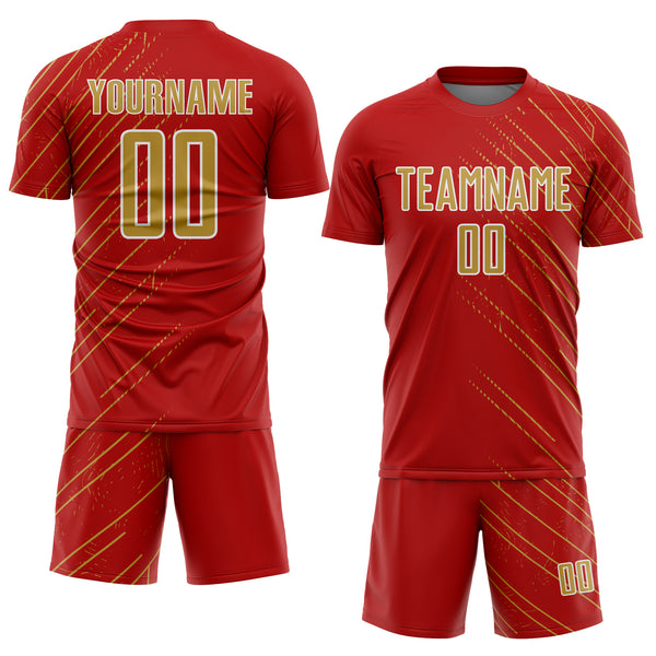 Custom Red Old Gold-White Lines Sports Sublimation Soccer Uniform Jersey