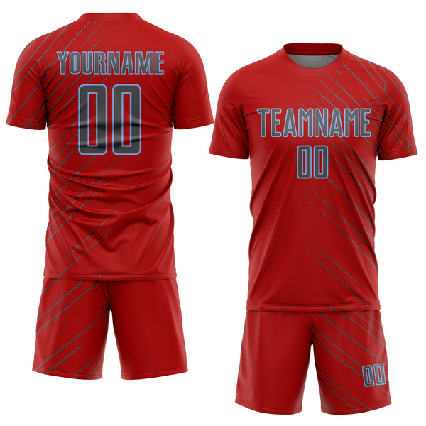 Custom Red Steel Gray-Light Blue Lines Sports Sublimation Soccer Uniform Jersey