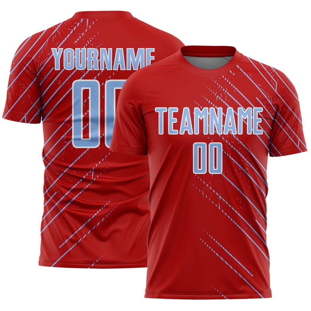Custom Red Light Blue-White Lines Sports Sublimation Soccer Uniform Jersey