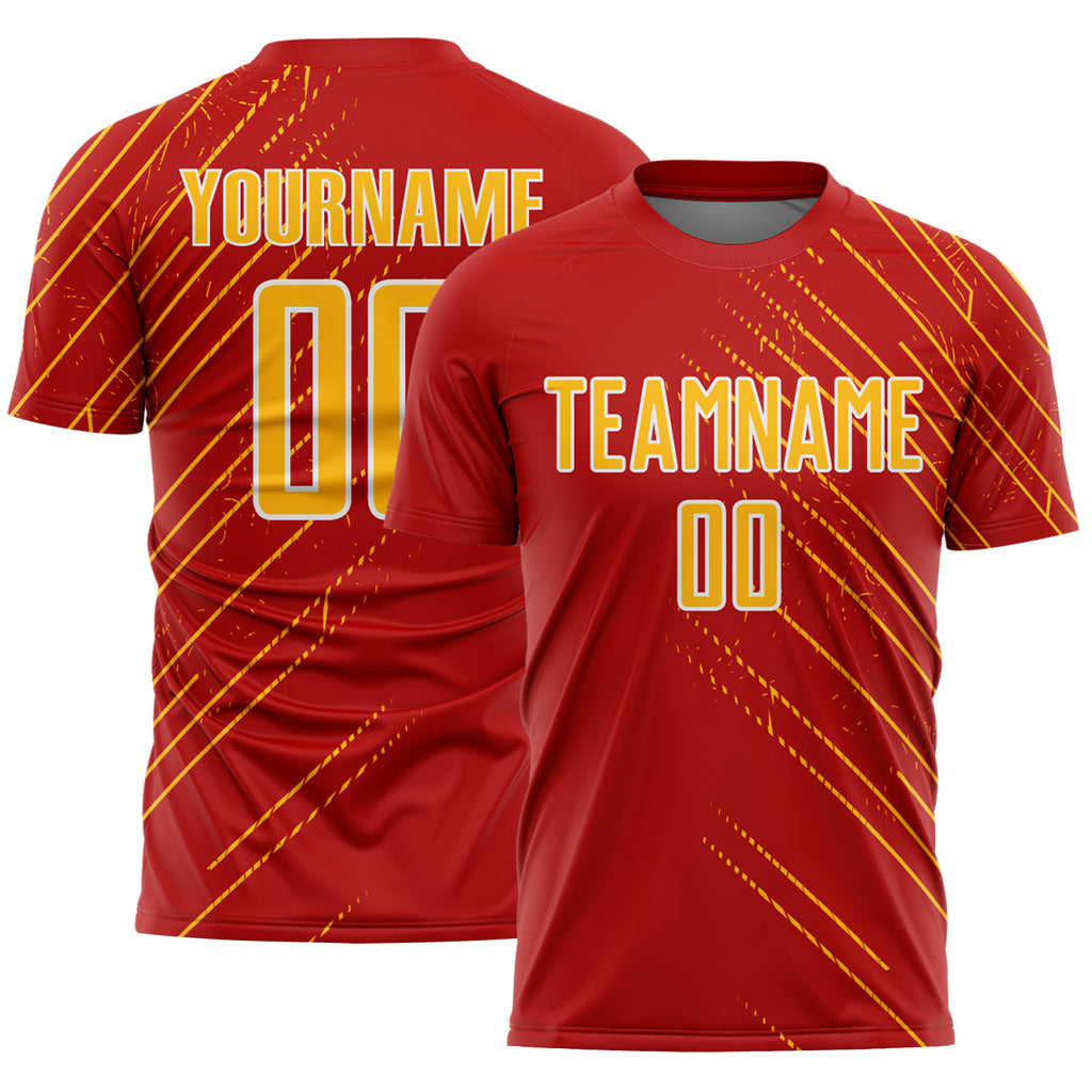 Custom Red Gold-White Lines Sports Sublimation Soccer Uniform Jersey