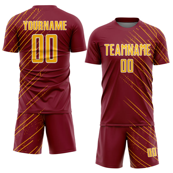 Custom Crimson Gold-White Lines Sports Sublimation Soccer Uniform Jersey