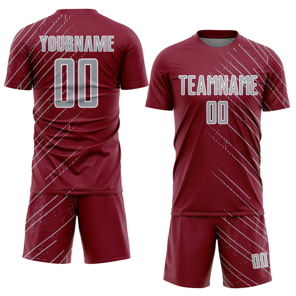 Custom Crimson Gray-White Lines Sports Sublimation Soccer Uniform Jersey