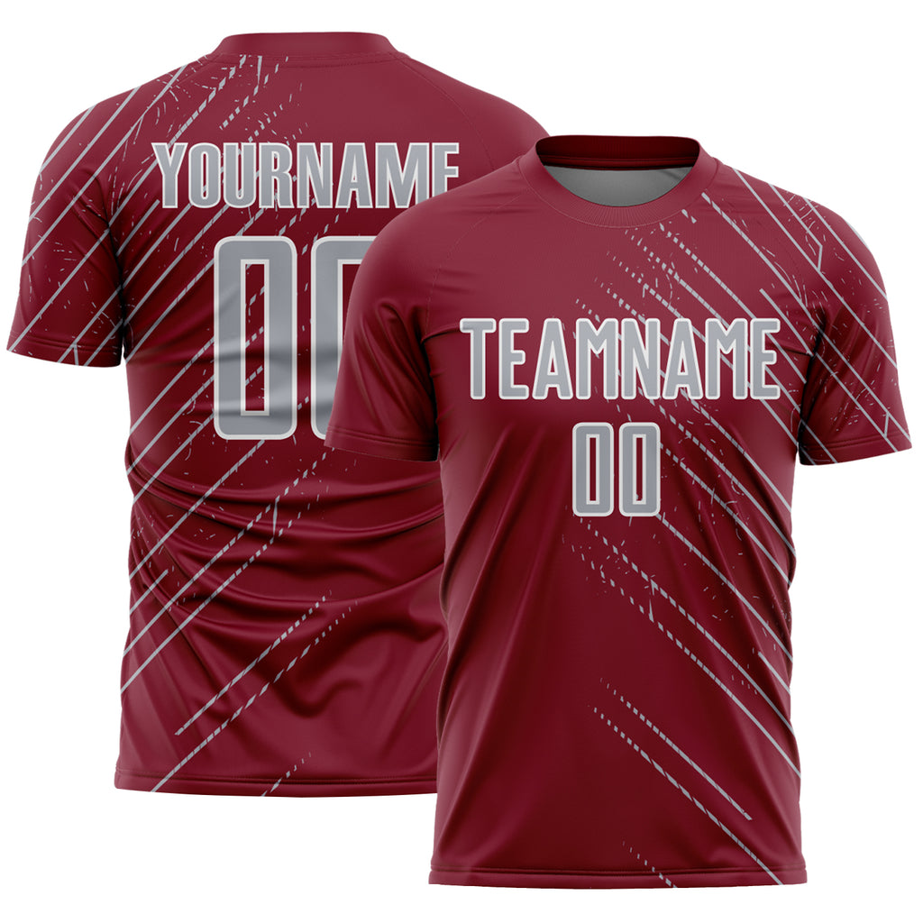 Custom Crimson Gray-White Lines Sports Sublimation Soccer Uniform Jersey