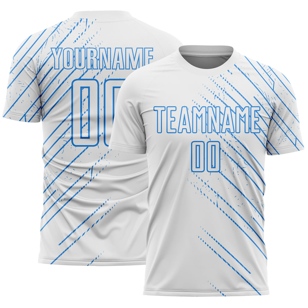 Custom White Powder Blue Lines Sports Sublimation Soccer Uniform Jersey