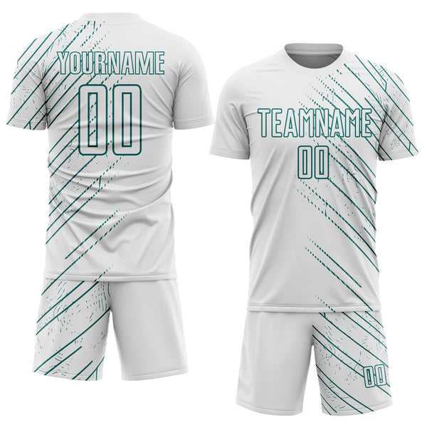 Custom White Teal Lines Sports Sublimation Soccer Uniform Jersey