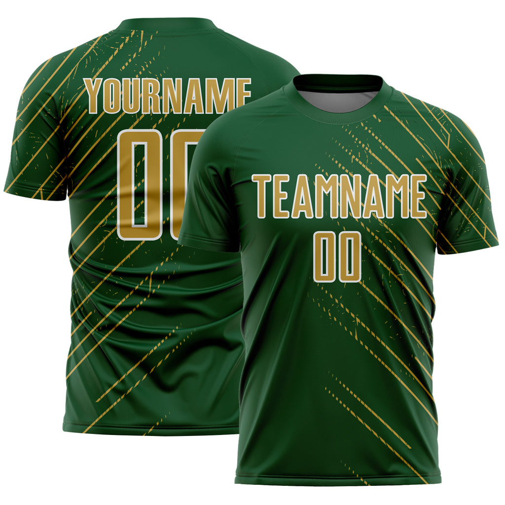 Custom Green Old Gold-White Lines Sports Sublimation Soccer Uniform Jersey