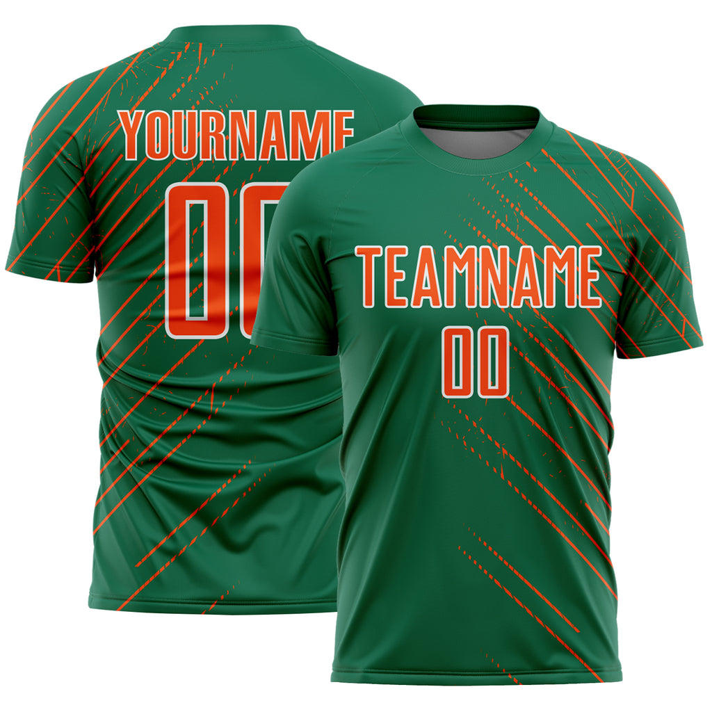Custom Kelly Green Orange-White Lines Sports Sublimation Soccer Uniform Jersey