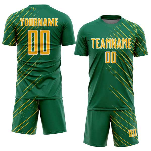 Custom Kelly Green Gold-White Lines Sports Sublimation Soccer Uniform Jersey