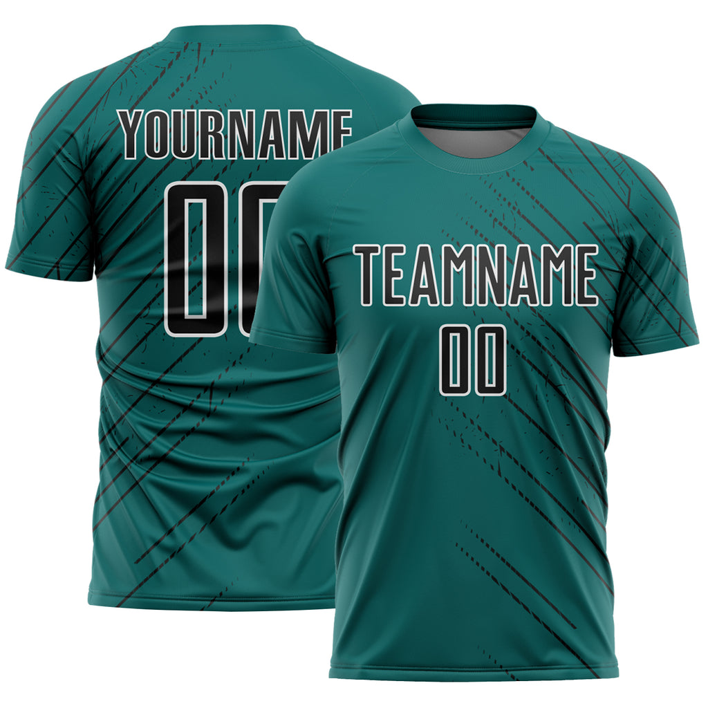 Custom Teal Black-White Lines Sports Sublimation Soccer Uniform Jersey