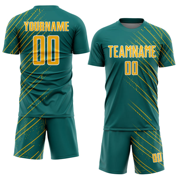 Custom Teal Gold-White Lines Sports Sublimation Soccer Uniform Jersey