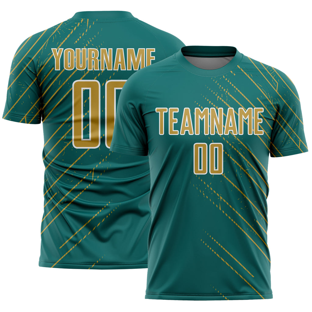 Custom Teal Old Gold-White Lines Sports Sublimation Soccer Uniform Jersey