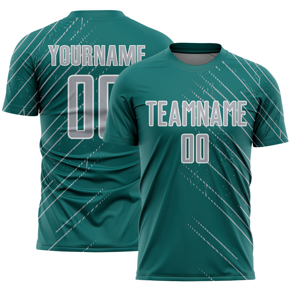 Custom Teal Gray-White Lines Sports Sublimation Soccer Uniform Jersey