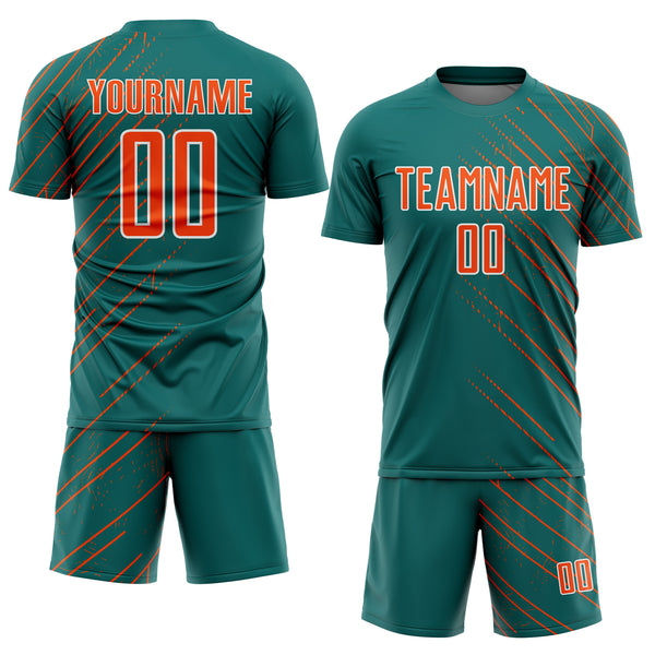 Custom Teal Orange-White Lines Sports Sublimation Soccer Uniform Jersey