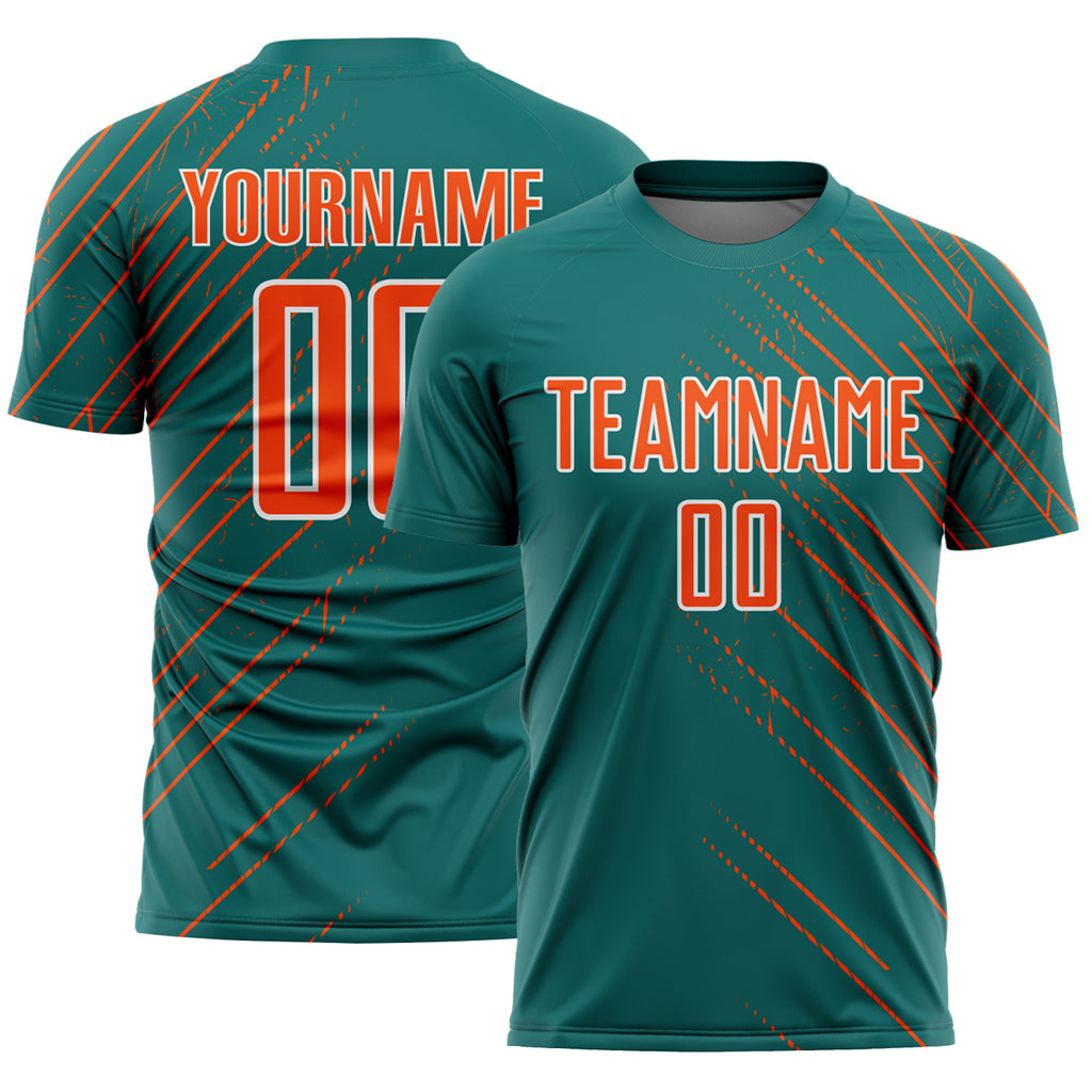 Custom Teal Orange-White Lines Sports Sublimation Soccer Uniform Jersey