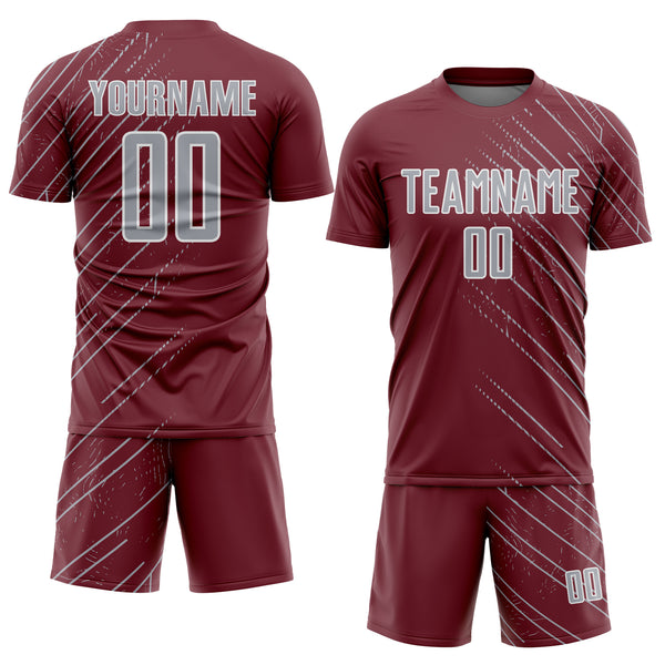 Custom Burgundy Gray-White Lines Sports Sublimation Soccer Uniform Jersey