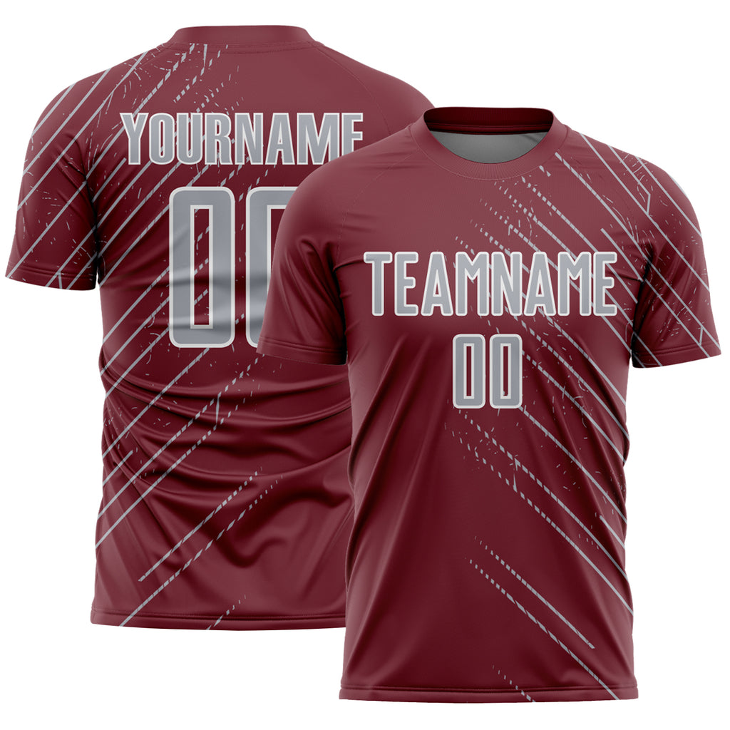 Custom Burgundy Gray-White Lines Sports Sublimation Soccer Uniform Jersey