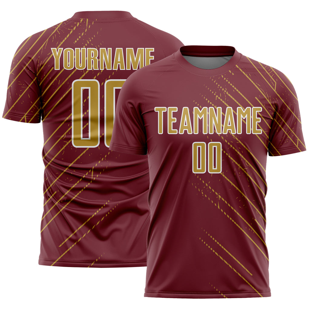 Custom Burgundy Old Gold-White Lines Sports Sublimation Soccer Uniform Jersey