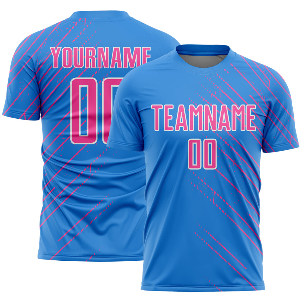 Custom Powder Blue Pink-White Lines Sports Sublimation Soccer Uniform Jersey