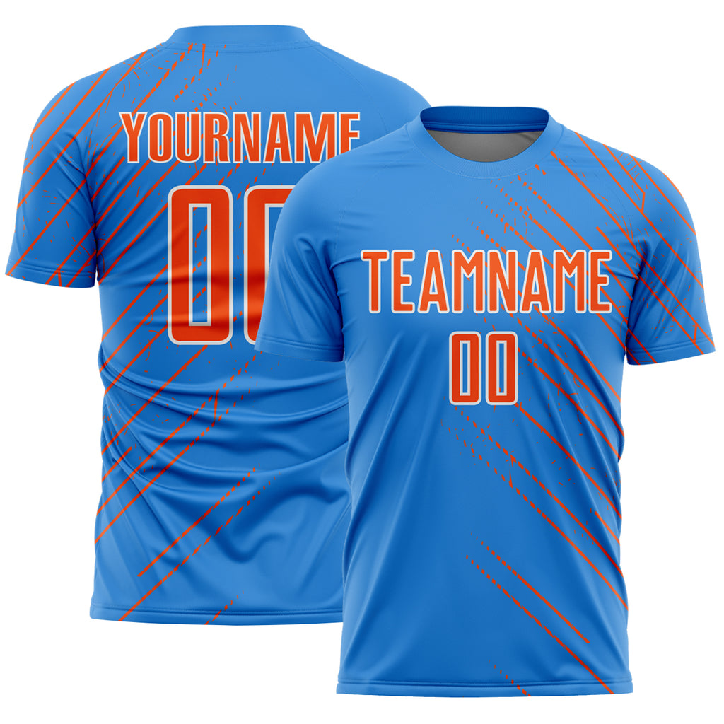 Custom Powder Blue Orange-White Lines Sports Sublimation Soccer Uniform Jersey