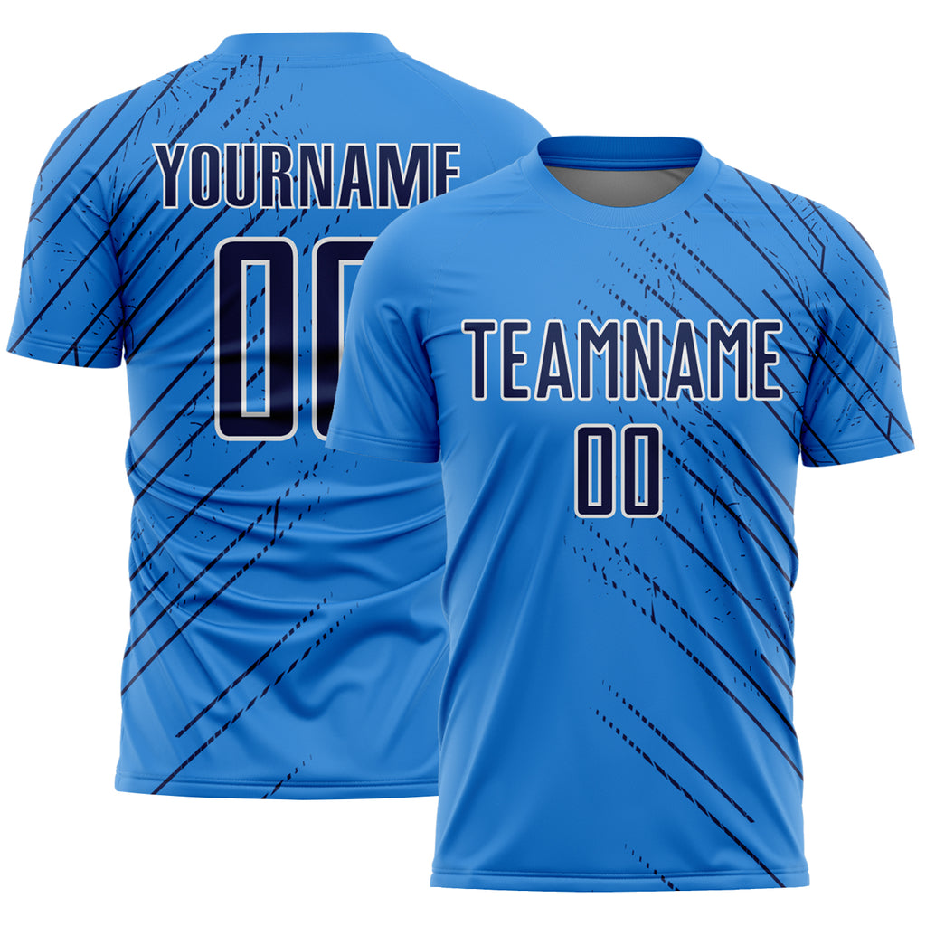 Custom Powder Blue Navy-White Lines Sports Sublimation Soccer Uniform Jersey